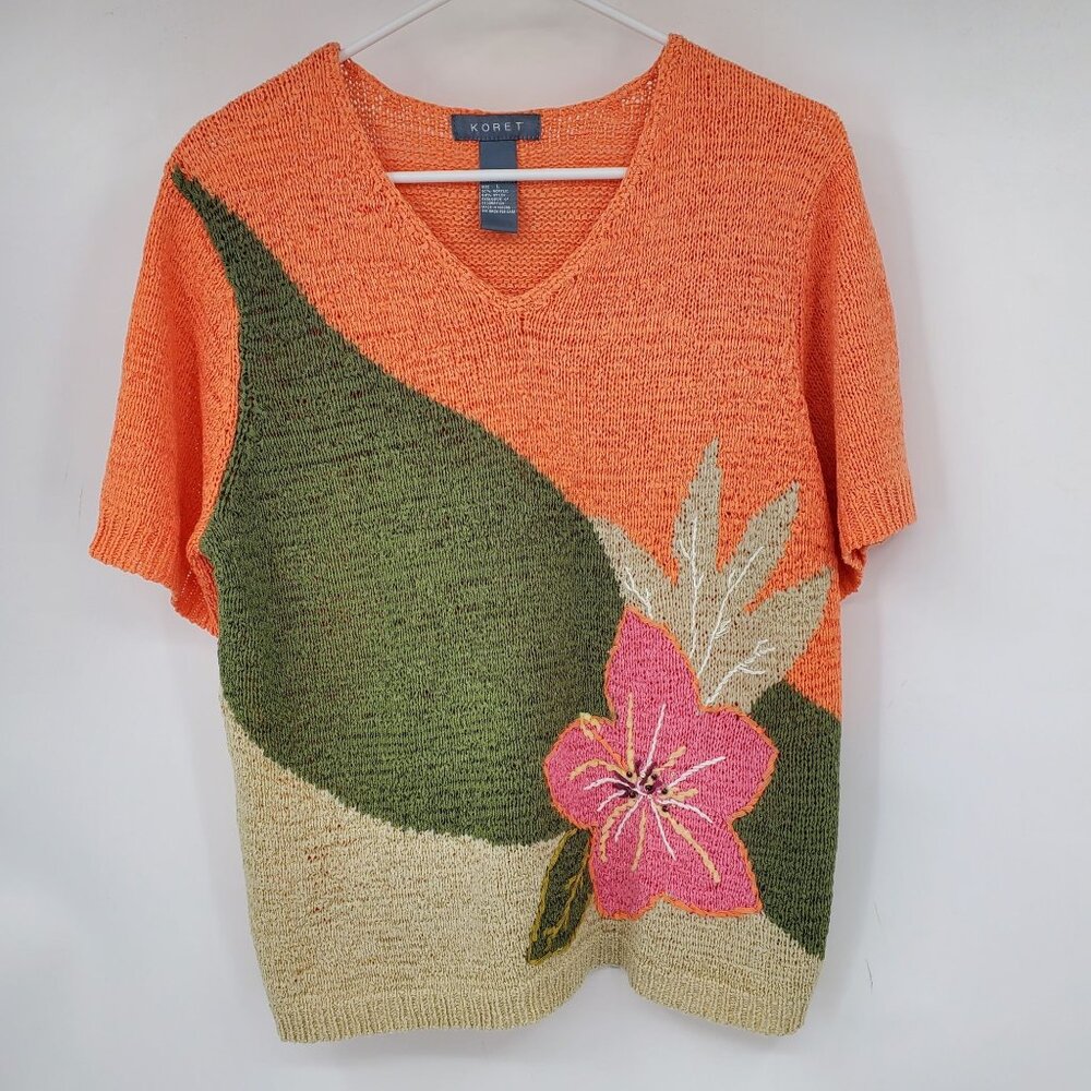Koret Colorful Short Sleeve Ribbon Knit Sweater Colorblock Flower Pattern Large